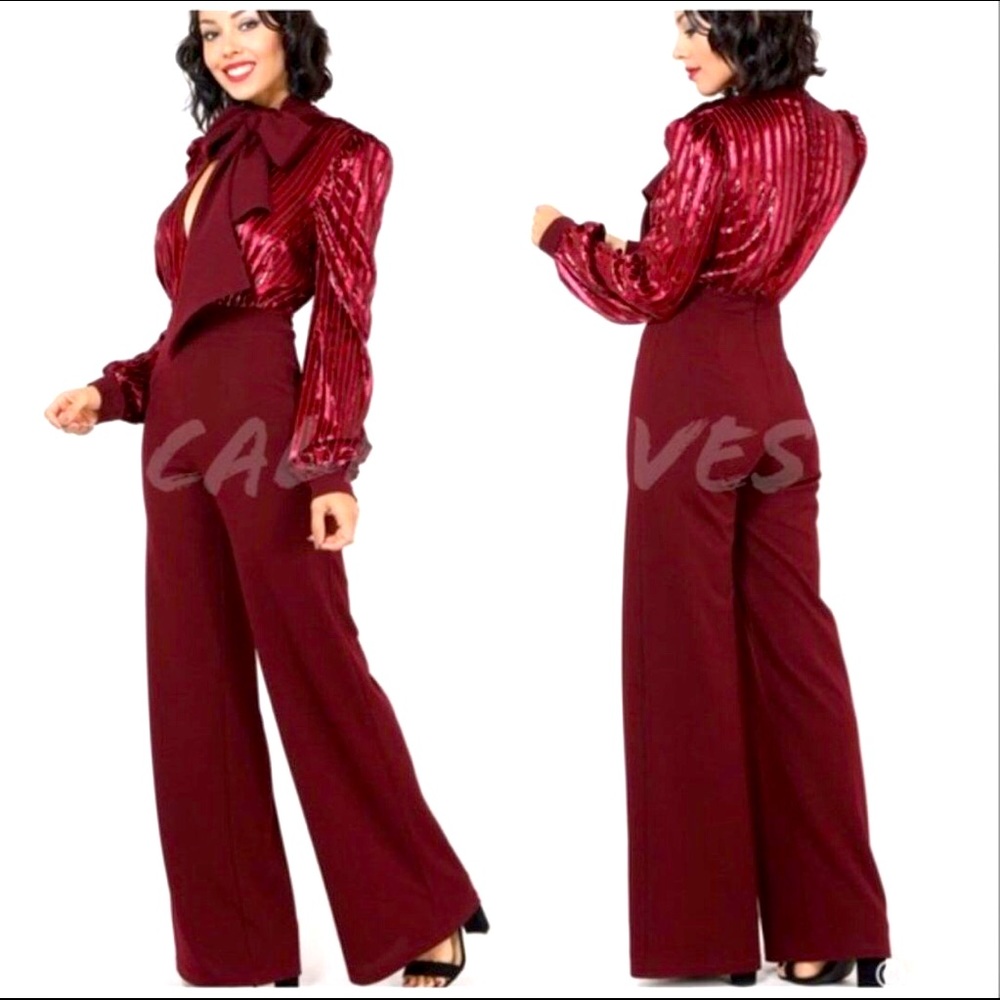 Callie Cranberry Velvet Sequin Plunging Bow Romper